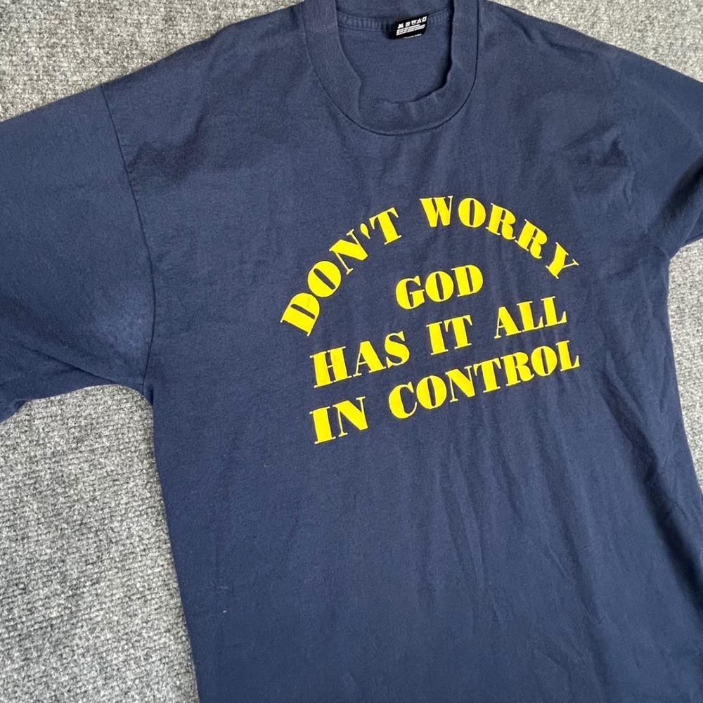 Vintage Fruit of the Loom Best T-Shirt Navy Blue God Has It All In Control L - Picture 2 of 5